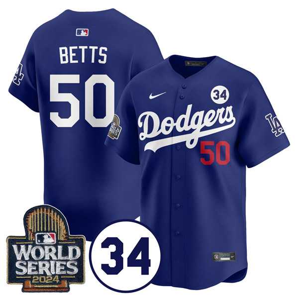 Mens Los Angeles Dodgers #50 Mookie Betts Royal 2024 World Series With No. 34 Patch Cool Base Stitched Jersey Dzhi